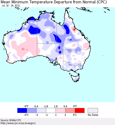 Australia Mean Minimum Temperature Departure from Normal (CPC) Thematic Map For 7/18/2022 - 7/24/2022