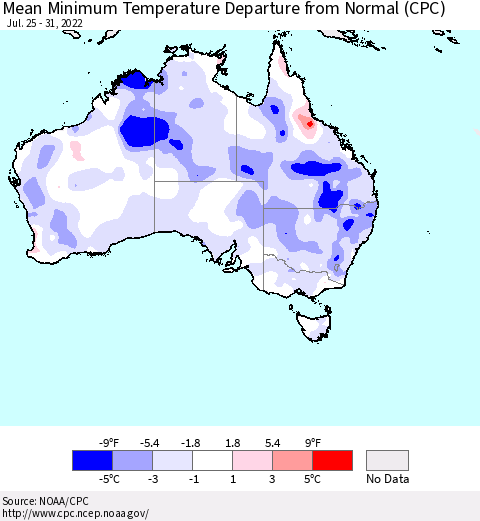 Australia Mean Minimum Temperature Departure from Normal (CPC) Thematic Map For 7/25/2022 - 7/31/2022