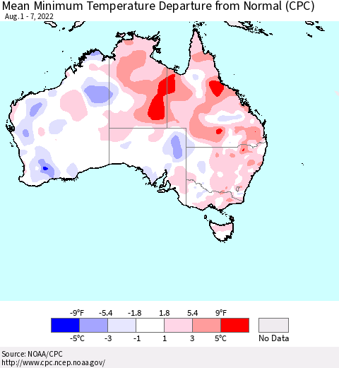 Australia Mean Minimum Temperature Departure from Normal (CPC) Thematic Map For 8/1/2022 - 8/7/2022