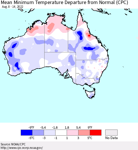 Australia Mean Minimum Temperature Departure from Normal (CPC) Thematic Map For 8/8/2022 - 8/14/2022