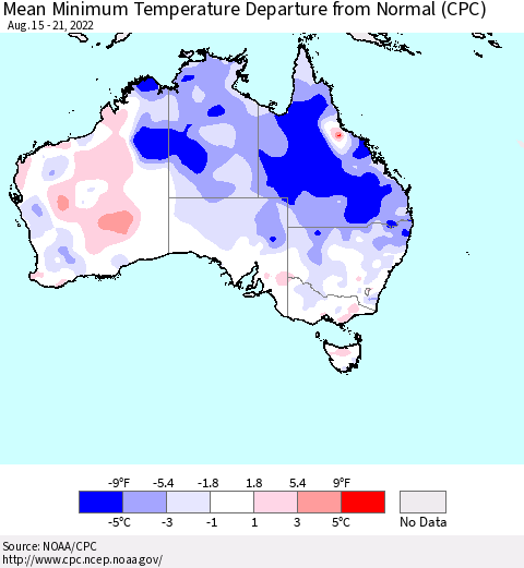 Australia Mean Minimum Temperature Departure from Normal (CPC) Thematic Map For 8/15/2022 - 8/21/2022