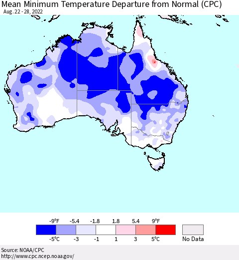 Australia Mean Minimum Temperature Departure from Normal (CPC) Thematic Map For 8/22/2022 - 8/28/2022