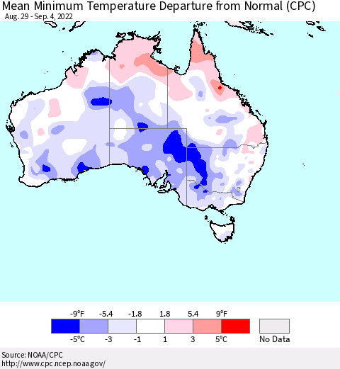 Australia Mean Minimum Temperature Departure from Normal (CPC) Thematic Map For 8/29/2022 - 9/4/2022