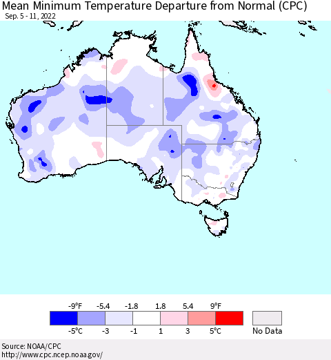 Australia Mean Minimum Temperature Departure from Normal (CPC) Thematic Map For 9/5/2022 - 9/11/2022