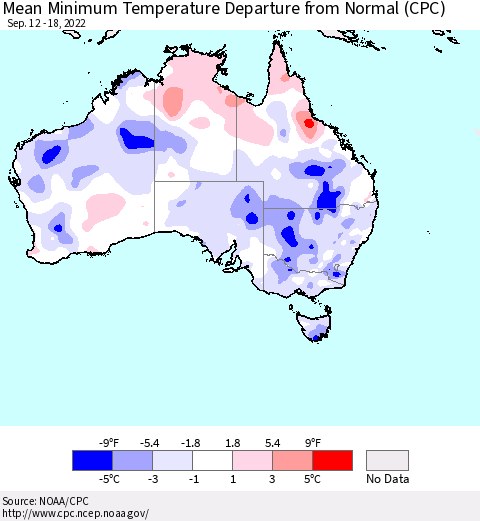 Australia Mean Minimum Temperature Departure from Normal (CPC) Thematic Map For 9/12/2022 - 9/18/2022