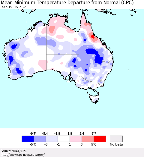 Australia Mean Minimum Temperature Departure from Normal (CPC) Thematic Map For 9/19/2022 - 9/25/2022