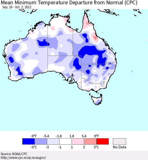 Australia Mean Minimum Temperature Departure from Normal (CPC) Thematic Map For 9/26/2022 - 10/2/2022