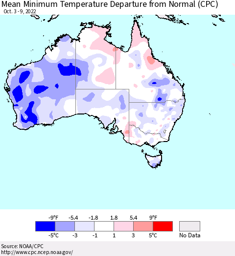 Australia Mean Minimum Temperature Departure from Normal (CPC) Thematic Map For 10/3/2022 - 10/9/2022