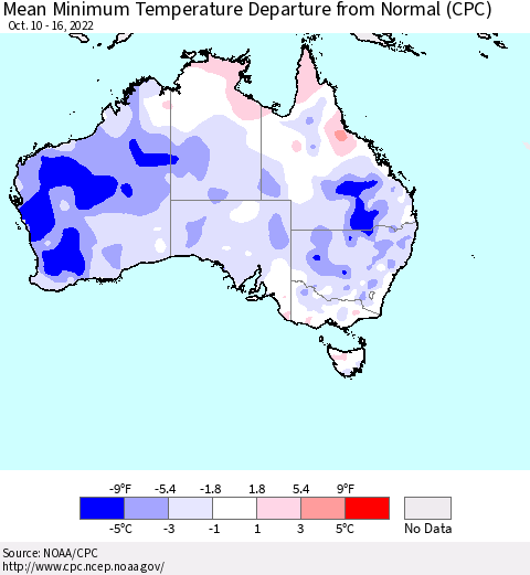 Australia Mean Minimum Temperature Departure from Normal (CPC) Thematic Map For 10/10/2022 - 10/16/2022