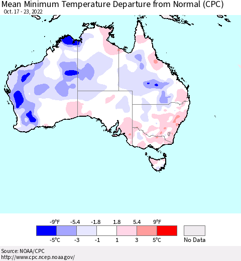 Australia Mean Minimum Temperature Departure from Normal (CPC) Thematic Map For 10/17/2022 - 10/23/2022