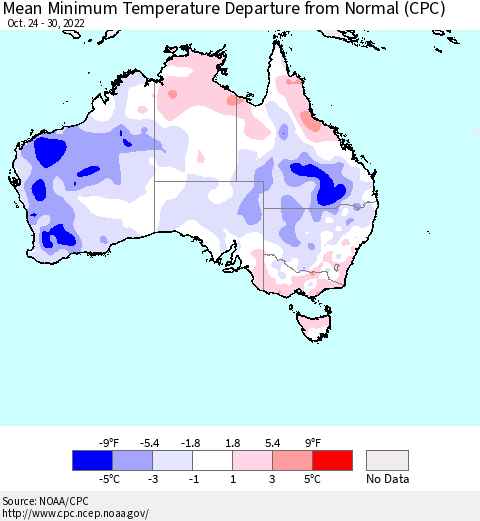 Australia Mean Minimum Temperature Departure from Normal (CPC) Thematic Map For 10/24/2022 - 10/30/2022