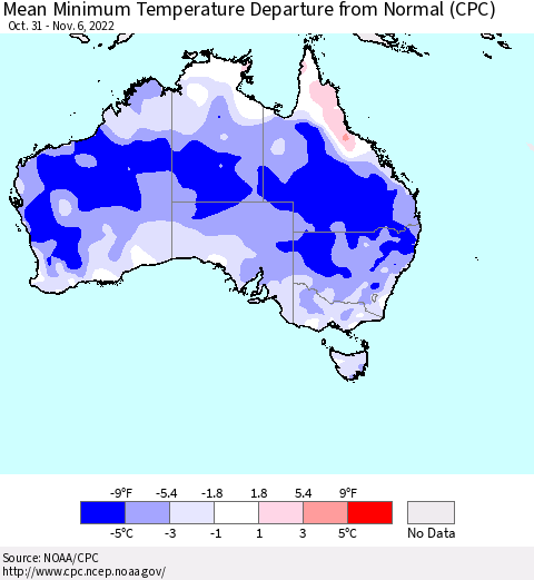 Australia Mean Minimum Temperature Departure from Normal (CPC) Thematic Map For 10/31/2022 - 11/6/2022