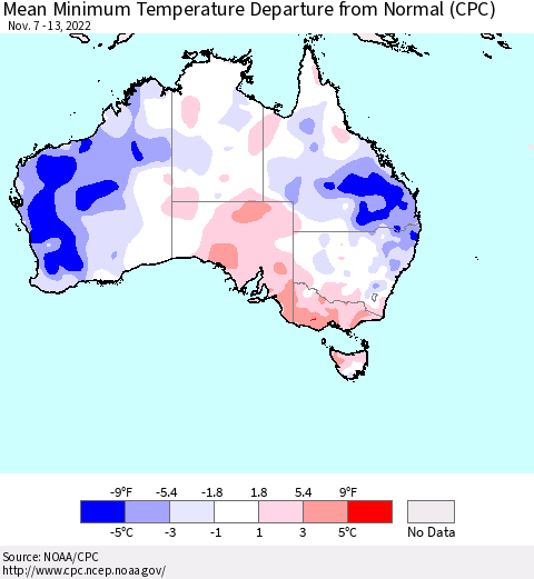 Australia Mean Minimum Temperature Departure from Normal (CPC) Thematic Map For 11/7/2022 - 11/13/2022