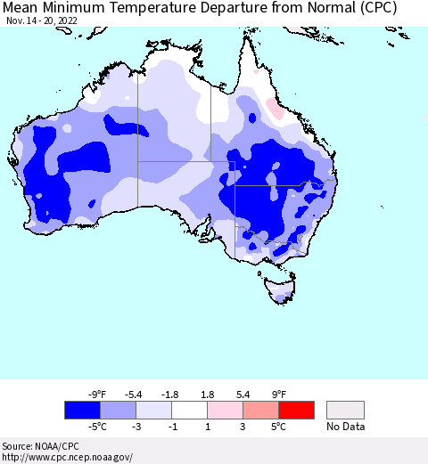 Australia Mean Minimum Temperature Departure from Normal (CPC) Thematic Map For 11/14/2022 - 11/20/2022