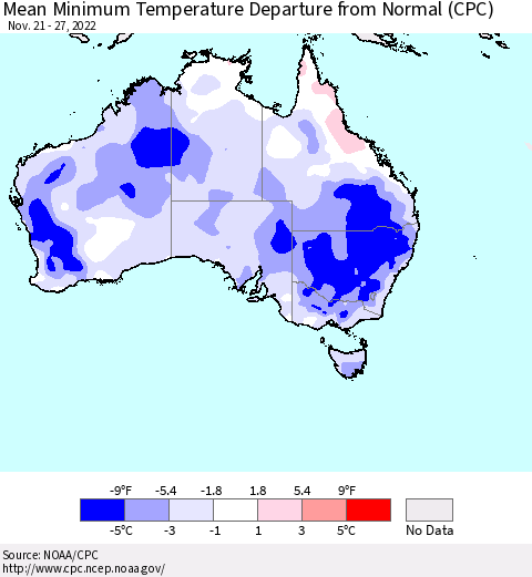 Australia Mean Minimum Temperature Departure from Normal (CPC) Thematic Map For 11/21/2022 - 11/27/2022