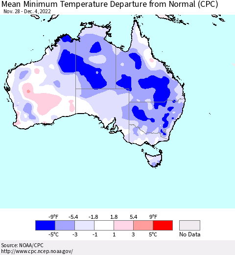 Australia Mean Minimum Temperature Departure from Normal (CPC) Thematic Map For 11/28/2022 - 12/4/2022