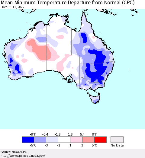 Australia Mean Minimum Temperature Departure from Normal (CPC) Thematic Map For 12/5/2022 - 12/11/2022