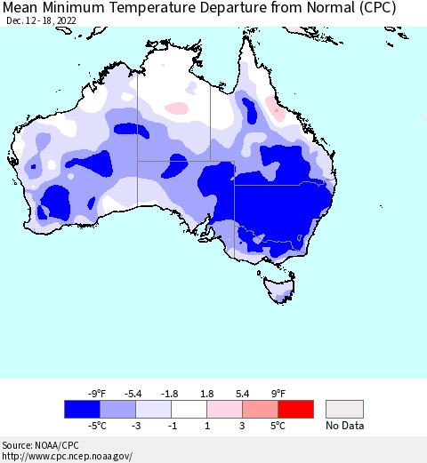 Australia Mean Minimum Temperature Departure from Normal (CPC) Thematic Map For 12/12/2022 - 12/18/2022