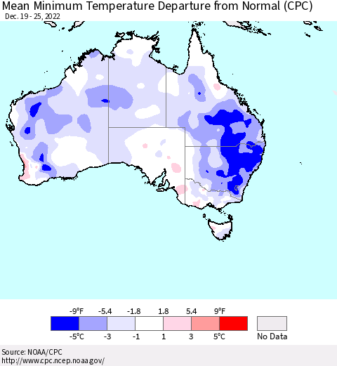 Australia Mean Minimum Temperature Departure from Normal (CPC) Thematic Map For 12/19/2022 - 12/25/2022