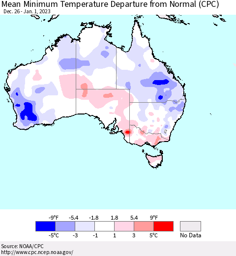 Australia Mean Minimum Temperature Departure from Normal (CPC) Thematic Map For 12/26/2022 - 1/1/2023