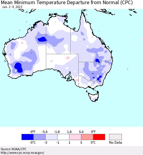 Australia Mean Minimum Temperature Departure from Normal (CPC) Thematic Map For 1/2/2023 - 1/8/2023