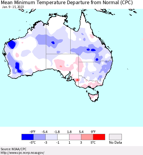 Australia Mean Minimum Temperature Departure from Normal (CPC) Thematic Map For 1/9/2023 - 1/15/2023