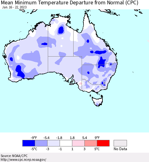 Australia Mean Minimum Temperature Departure from Normal (CPC) Thematic Map For 1/16/2023 - 1/22/2023