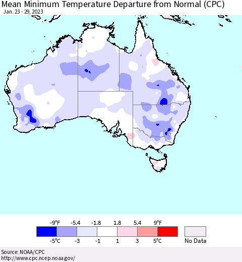 Australia Mean Minimum Temperature Departure from Normal (CPC) Thematic Map For 1/23/2023 - 1/29/2023