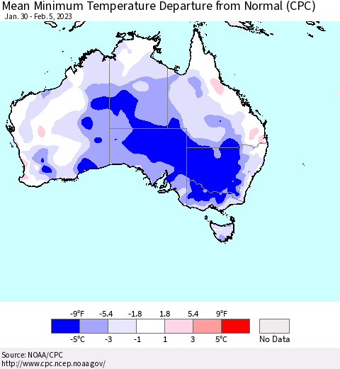 Australia Mean Minimum Temperature Departure from Normal (CPC) Thematic Map For 1/30/2023 - 2/5/2023