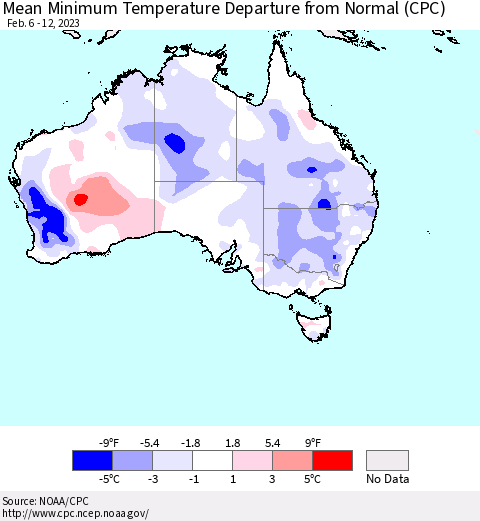 Australia Mean Minimum Temperature Departure from Normal (CPC) Thematic Map For 2/6/2023 - 2/12/2023