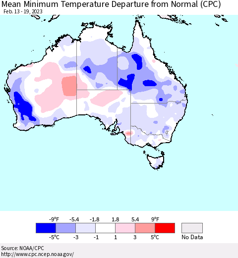 Australia Mean Minimum Temperature Departure from Normal (CPC) Thematic Map For 2/13/2023 - 2/19/2023