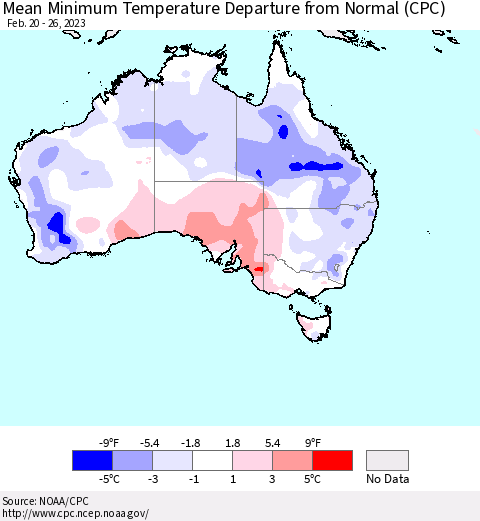Australia Mean Minimum Temperature Departure from Normal (CPC) Thematic Map For 2/20/2023 - 2/26/2023