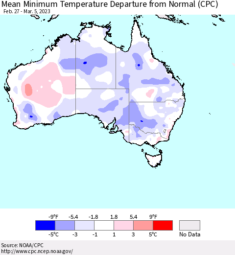 Australia Mean Minimum Temperature Departure from Normal (CPC) Thematic Map For 2/27/2023 - 3/5/2023