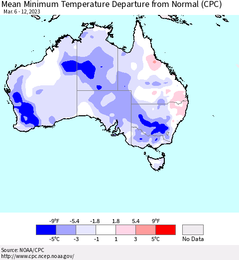 Australia Mean Minimum Temperature Departure from Normal (CPC) Thematic Map For 3/6/2023 - 3/12/2023