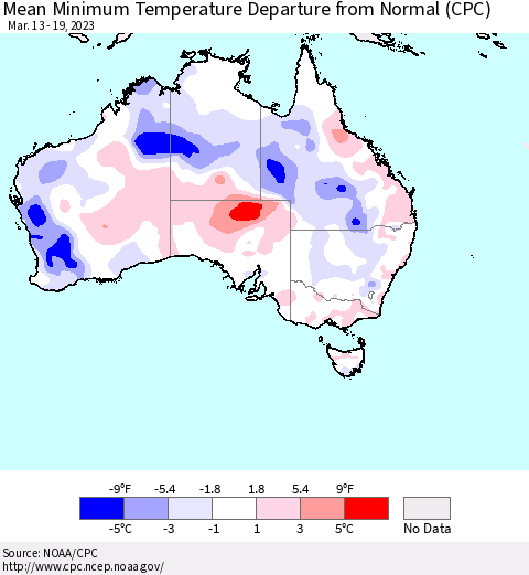 Australia Mean Minimum Temperature Departure from Normal (CPC) Thematic Map For 3/13/2023 - 3/19/2023