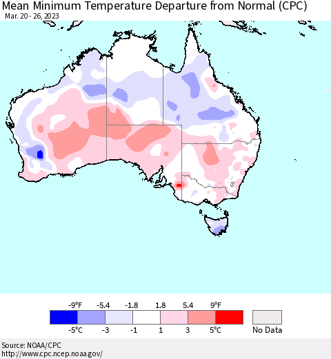 Australia Mean Minimum Temperature Departure from Normal (CPC) Thematic Map For 3/20/2023 - 3/26/2023