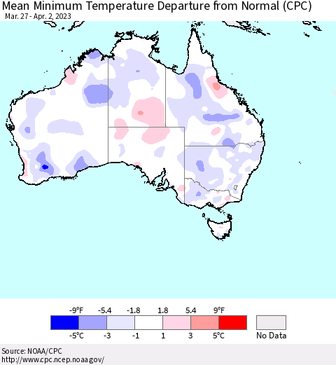 Australia Mean Minimum Temperature Departure from Normal (CPC) Thematic Map For 3/27/2023 - 4/2/2023
