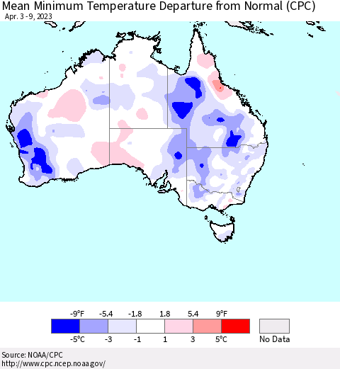 Australia Mean Minimum Temperature Departure from Normal (CPC) Thematic Map For 4/3/2023 - 4/9/2023