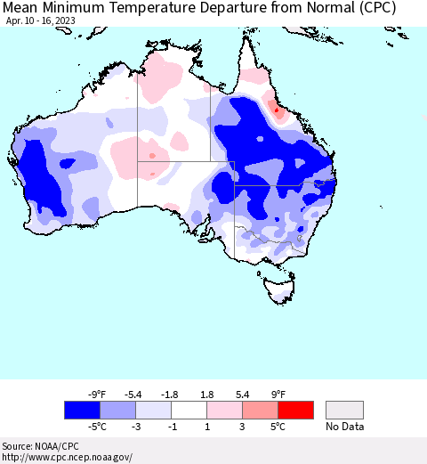 Australia Mean Minimum Temperature Departure from Normal (CPC) Thematic Map For 4/10/2023 - 4/16/2023