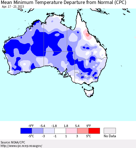 Australia Mean Minimum Temperature Departure from Normal (CPC) Thematic Map For 4/17/2023 - 4/23/2023