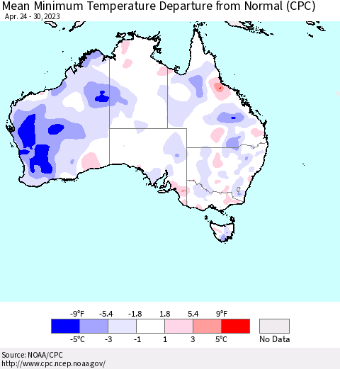 Australia Mean Minimum Temperature Departure from Normal (CPC) Thematic Map For 4/24/2023 - 4/30/2023