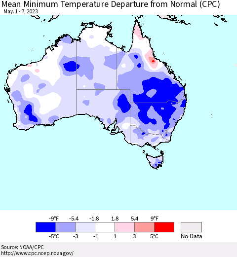 Australia Mean Minimum Temperature Departure from Normal (CPC) Thematic Map For 5/1/2023 - 5/7/2023