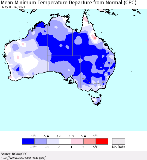 Australia Mean Minimum Temperature Departure from Normal (CPC) Thematic Map For 5/8/2023 - 5/14/2023