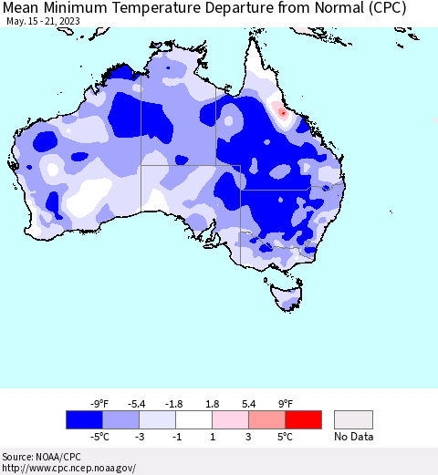 Australia Mean Minimum Temperature Departure from Normal (CPC) Thematic Map For 5/15/2023 - 5/21/2023