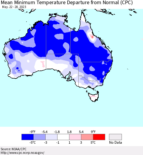 Australia Mean Minimum Temperature Departure from Normal (CPC) Thematic Map For 5/22/2023 - 5/28/2023