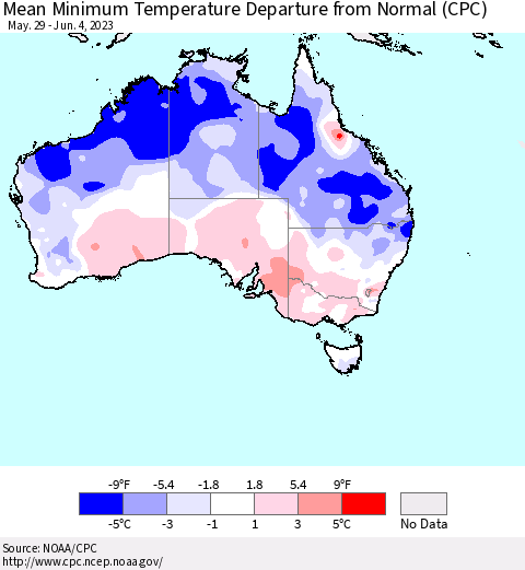 Australia Mean Minimum Temperature Departure from Normal (CPC) Thematic Map For 5/29/2023 - 6/4/2023