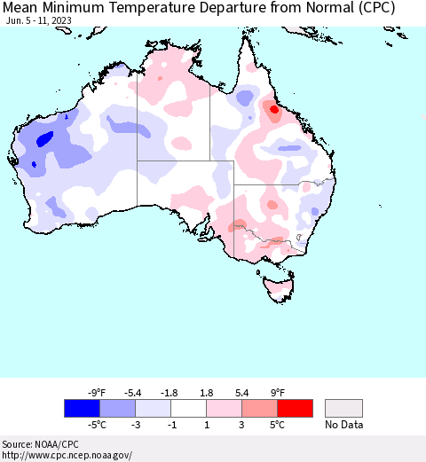 Australia Mean Minimum Temperature Departure from Normal (CPC) Thematic Map For 6/5/2023 - 6/11/2023