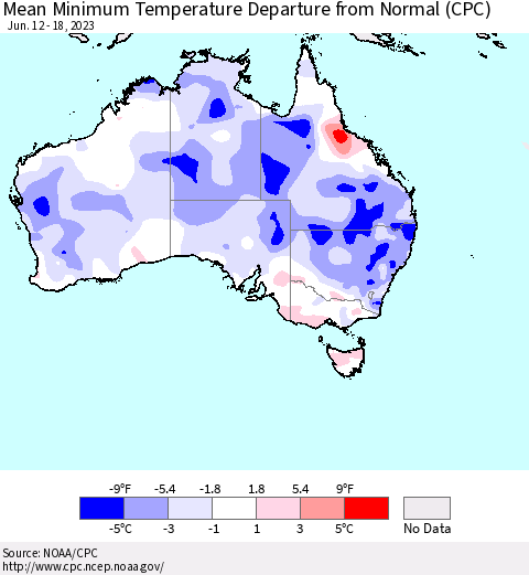 Australia Mean Minimum Temperature Departure from Normal (CPC) Thematic Map For 6/12/2023 - 6/18/2023