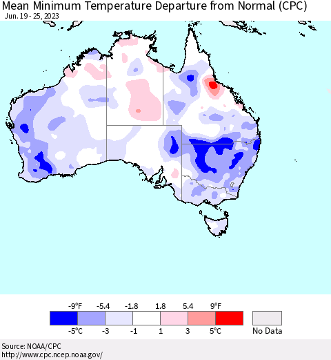 Australia Mean Minimum Temperature Departure from Normal (CPC) Thematic Map For 6/19/2023 - 6/25/2023