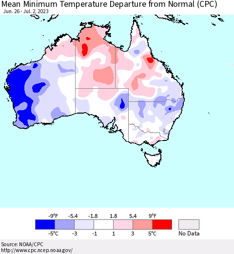 Australia Mean Minimum Temperature Departure from Normal (CPC) Thematic Map For 6/26/2023 - 7/2/2023